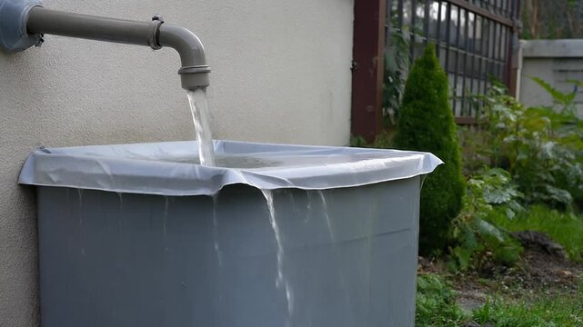 Rainwater Flowing From Downpipe Into Overflowing Storage Tank Beside Garden Wall, Sustainable Water Harvesting