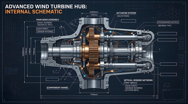 Advanced wind turbine hub internal schematic blueprint, mechanical engineering design blueprint, renewable energy technical diagram isolated on White Background
