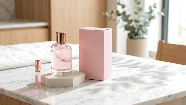 Elegant pink perfume bottle with a rose gold cap and matching packaging box on a white marble table, featuring soft sunlight leaf shadows and a minimalist aesthetic for beauty product branding
