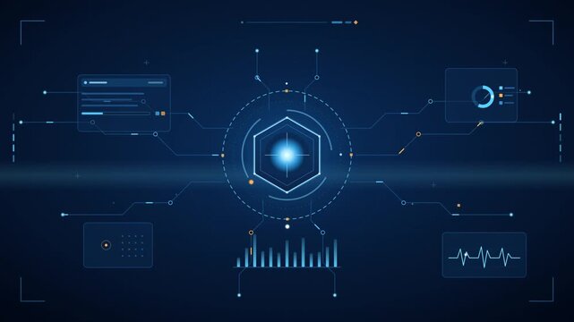 Artificial intelligence AI processor core technology background vector illustration. Futuristic digital neural network hardware hologram screen with glowing data charts.