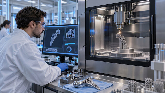 Advanced 3D metal printing of medical hip implant, male engineer monitoring additive manufacturing in high-tech laboratory