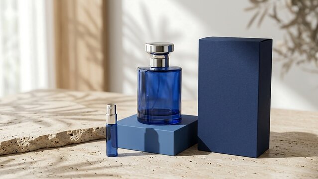 Elegant blue glass perfume bottle with a matching travel spray and dark blue packaging box on a natural stone surface with aesthetic leaf shadows for luxury fragrance branding mockup.