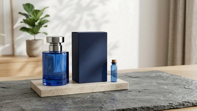 Elegant blue glass perfume bottle with blank dark blue packaging box and small glass vial set on a natural stone podium in a bright minimalist interior with soft leaf shadows on the wall