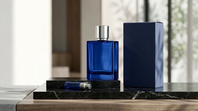 Elegant Blue Glass Perfume Bottle and Matching Product Box Mockup Resting on Black Marble Slab and Wooden Table in a Bright Minimalist Interior Setting with Soft Natural Leaf Shadows