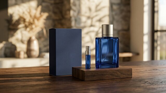 Elegant blue glass perfume bottle with a matching packaging box and a small sampler vial placed on a wooden table in a warm, rustic interior setting with soft natural sunlight and shadows.