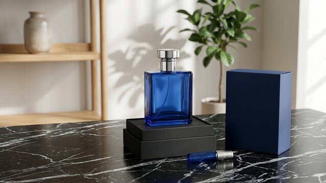 Elegant Blue Glass Fragrance Bottle on Black Pedestal with Matching Box and Travel Spray on Luxurious Marble Table in Modern Sunlit Interior for Men's Grooming and Lifestyle Concept