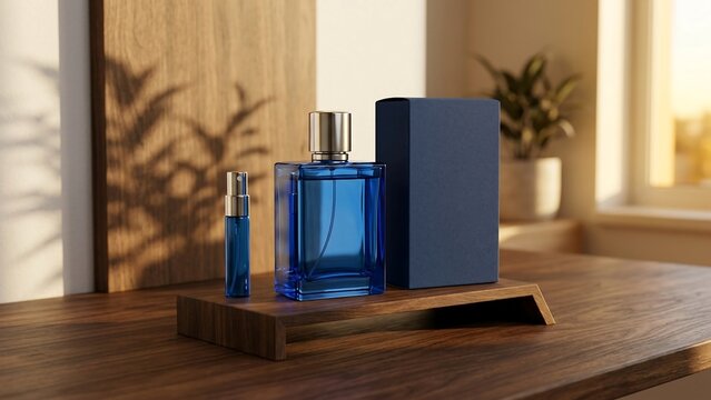 Elegant Blue Glass Perfume Bottle with Small Travel Spray and Packaging Box on Wooden Stand in Natural Sunlight with Leaf Shadows, Luxury Men Fragrance Product Mockup Concept Background