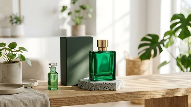 Elegant green glass perfume bottle with a luxury gold cap sitting on a stone pedestal next to a dark green gift box and small vial, minimalist indoor still life on a wooden table with sunlight.