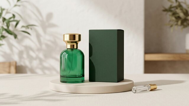Elegant Green Glass Perfume Bottle with Luxurious Gold Cap and Matching Dark Green Packaging Box Mockup on Beige Podium in Minimalist Room with Soft Sunlight and Plant Leaf Shadows