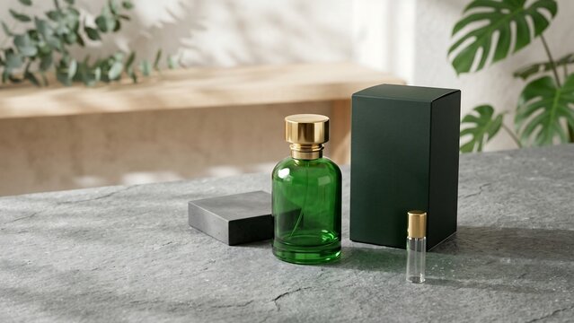 Elegant emerald green glass perfume bottle with a luxury gold cap, accompanied by a matching dark green gift box and a glass sample vial on a textured stone surface with natural plant background.