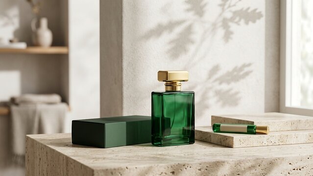 Elegant emerald green glass perfume bottle with a golden cap placed on a travertine stone surface next to a matching box and small travel vial in a minimalist sunlit interior with leaf shadows