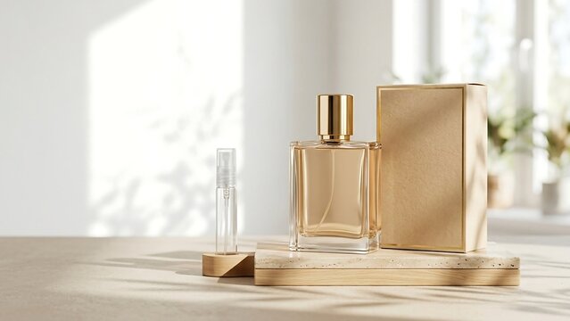 Minimalist Luxury Perfume Bottle with Gold Cap and Blank Packaging Box on Stone Pedestal in a Bright Airy Room with Natural Sunlight and Soft Plant Shadows for Cosmetic Product Branding