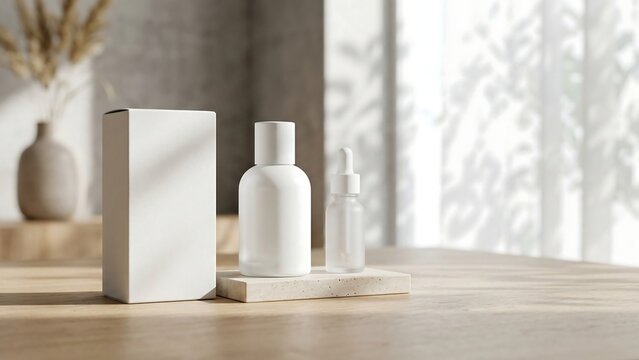 Minimalist white perfume bottle mockup, glass dropper bottle, and blank cardboard box on stone podium over wooden table with natural sunlight and leaf shadows for cosmetic brand packaging design