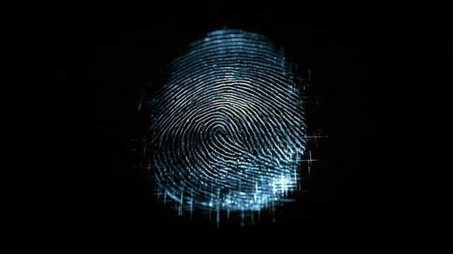 Blue fingerprint with digital glitch effects on a black background, symbolizing cybersecurity, privacy, and data protection