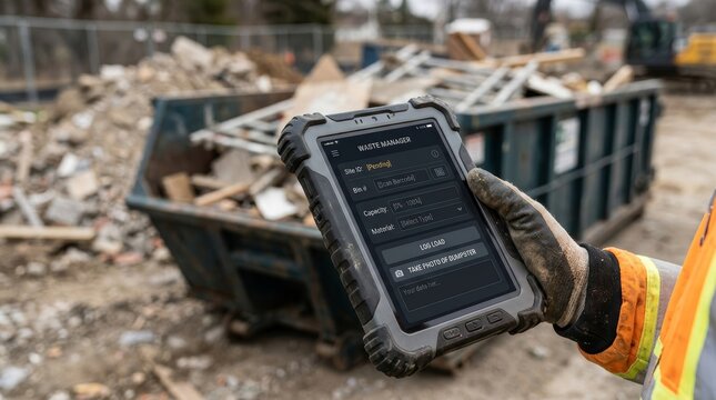 Gloved worker holding rugged tablet with waste management app at construction demolition site with dumpster of debris. Digital waste tracking and load logging. Construction technology