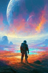 Fototapeta premium Lone astronaut standing on vivid alien planet beneath twin moons and glowing nebula sky with colorful landscape, dramatic horizon, futuristic exploration mood.