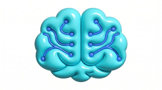 3d glossy blue human brain icon with digital circuit board lines representing artificial intelligence and technology