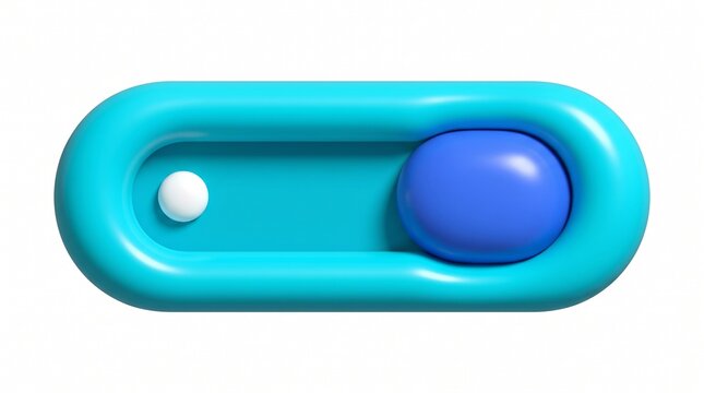 3d glossy blue toggle switch button with a rounded cyan frame for user interface design and digital software controls
