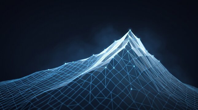 Abstract mountain peak made of blue glowing lines and dots connected in a digital wireframe style on dark background