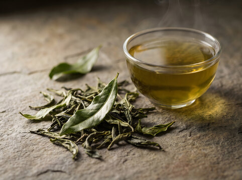 A refreshing cup of weight loss tea served warm in a glass bowl alongside dried green leaves on a rustic stone table.
