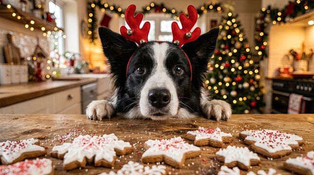 A charming boston terrier with red reindeer antlers enjoys a delightful christmas scene with festive cookies and a beautifully decorated tree