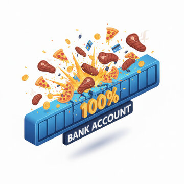 Bank account payment concept with full balance bar, pizza, burger, coin, and card illustration suggesting payday celebration and financial reward