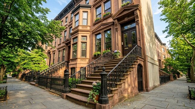 Charming brownstone with staircase and greenery