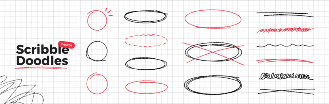 Scribble doodle set on notebook paper. Hand drawn red and black pen texture elements. Round and oval bubbles to highlight text. Circle marker outline shapes. Thin rough line. Vector illustration