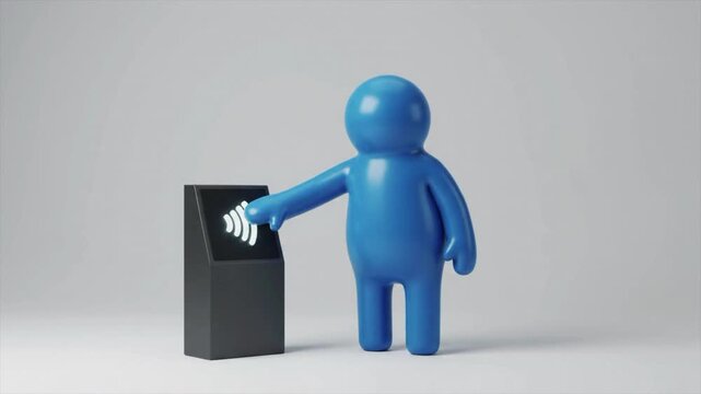 3D Blue Character Using Contactless RFID Scanner Payment Terminal