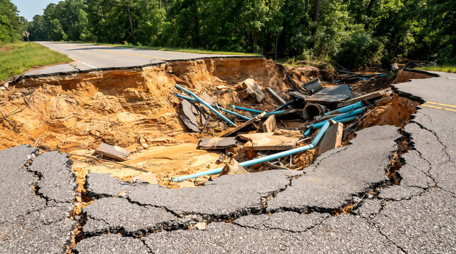 Collapsed asphalt road with sinkhole exposing broken pipes and eroded soil, infrastructure damage concept