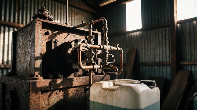 Rusty metal machine with copper pipes drips water into white plastic container inside old warehouse. Corroded industrial equipment leaks liquid in dirty factory shed. Heavy metal machinery shows