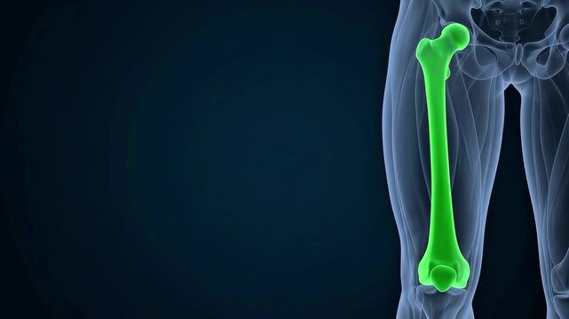 3D medical illustration of the human femur bone highlighted in green, showing the skeletal anatomy and thigh structure against a dark blue background with copy space