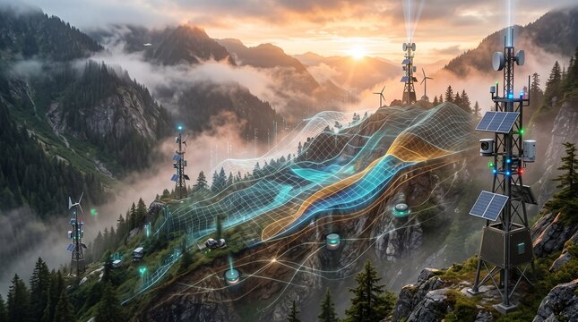 Futuristic AI landslide warning system analyzing mountain terrain with geological sensors, satellite data and real-time predictive technology