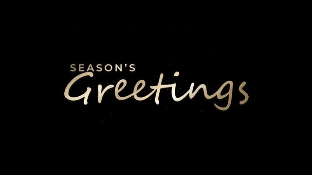 Golden seasons greetings text with shimmering light on black background 4K alpha channel