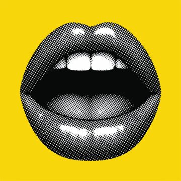 Minimalist Retro Pop Art Open Human Mouth Halftone Vector Illustration