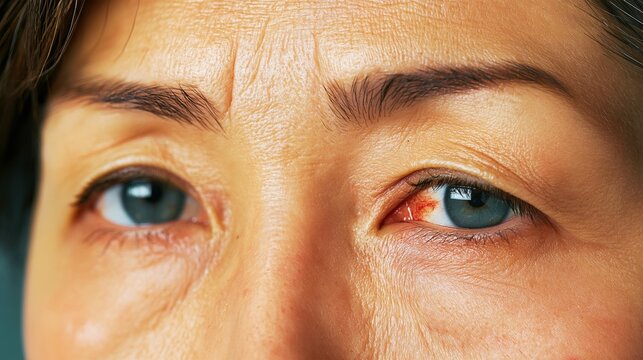 Close-up of a woman&rsquo;s eye with subconjunctival hemorrhage&mdash;Image of an ophthalmic condition