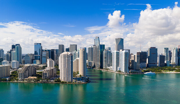Aerial Miami Brickell downtown. Miami waterfront panorama with Brickell skyline.