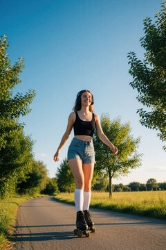 Happy young woman rollerblades on asphalt path through park. Smiling girl wears headphones, casual summer outfit skating under blue sky. Active female enjoys outdoor fitness, leisure activity on