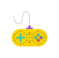 Flat retro cartoon gamepad joystick in bright yellow as sticker and patch. Classic controller and control device for video game or videogame themes. Fun device game item. © Moonnoon