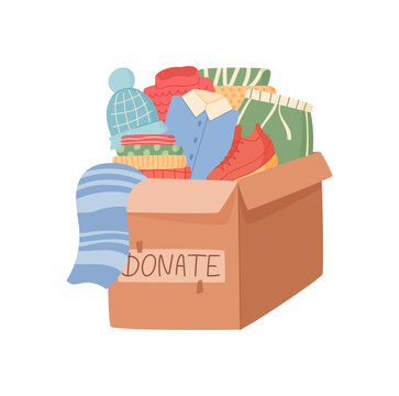 Clothes donation help container in flat style. Charity box with cloth and goods as warm gift for needy people. Community support concept with box and clothes for donate, perfect background icon use