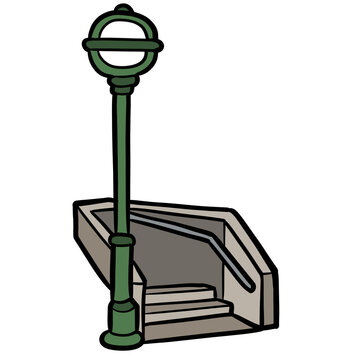 Cute cartoon subway entrance underground metro station stairs with circular signpost urban public transit infrastructure illustration isolated on transparent background
