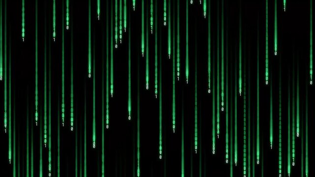 Green digital binary code falling down a black screen
