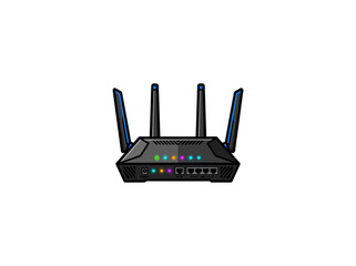 Fototapeta premium Black Wireless Router With Four Antennas, Illuminated Indicator Lights, And Ethernet Ports For Home Or Office Internet Connectivity And Network Communication Vector Illustration