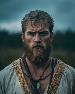 Viking warrior in the field. A Slavic warrior in the middle of a field. Portrait of a white man in a white tunic. Historical portrait of the war