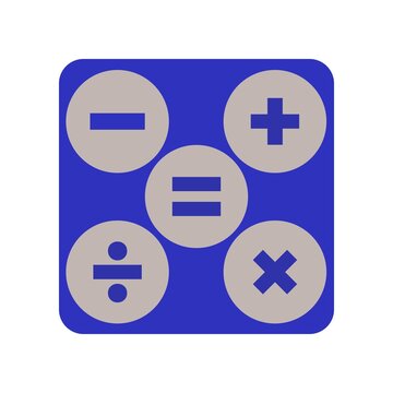 Math Symbols Icon Set in Taupe Circles on Blue Rounded Square, Flat Vector Illustration