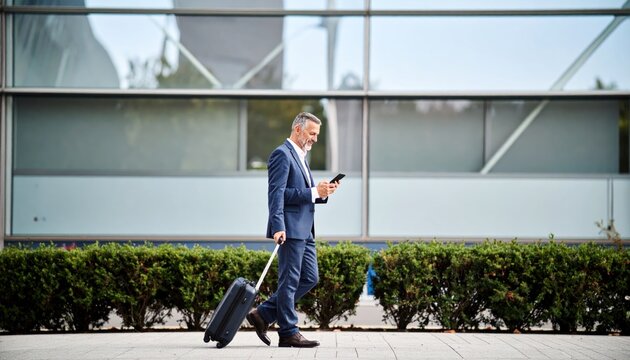 Middle-aged businessman walking with suitcase and using smartphone outside airport