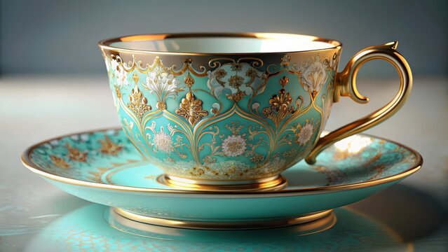 An elegant porcelain teacup sits serenely atop its matching saucer adorned with intricate gold and turquoise patterns