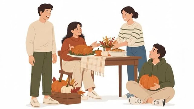 Family gathering celebrating thanksgiving dinner animation footage 