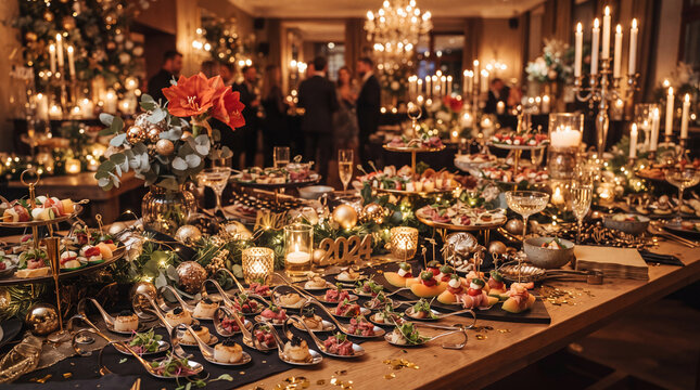 New Year buffet table with candles, flowers, glassware and hors d'oeuvres. Guests gather in a decorated banquet hall. Holiday catering and event dining. Festive celebration and hospitality