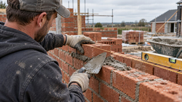 Bricklayer Laying Brick Course Along String Line